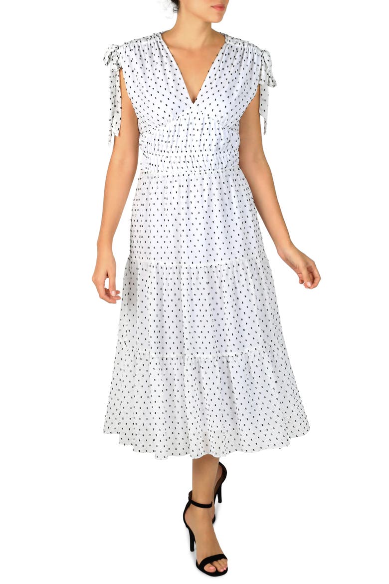 Clip Dot Ruched Tiered Dress, Main, color, WHITE/ BLACK