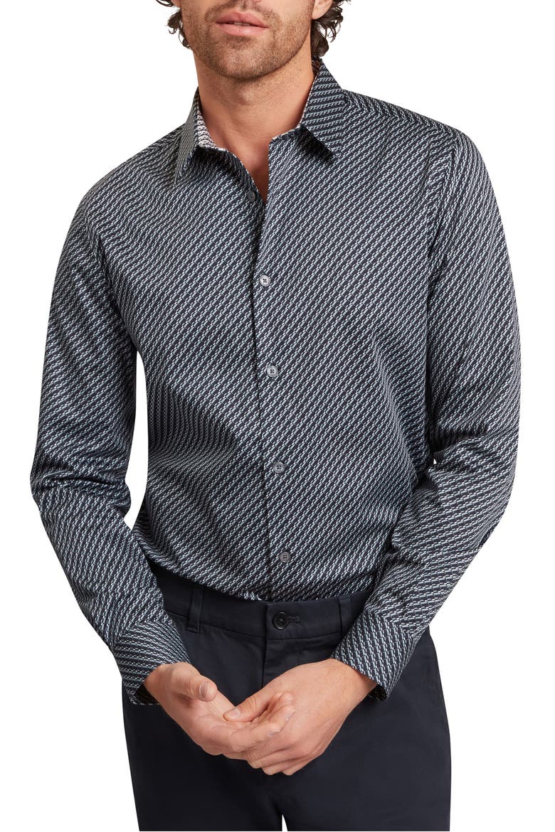 Grelish Slim Fit Geo Print Stretch Cotton Button-Up Shirt, Main, color, TEAL-BLUE