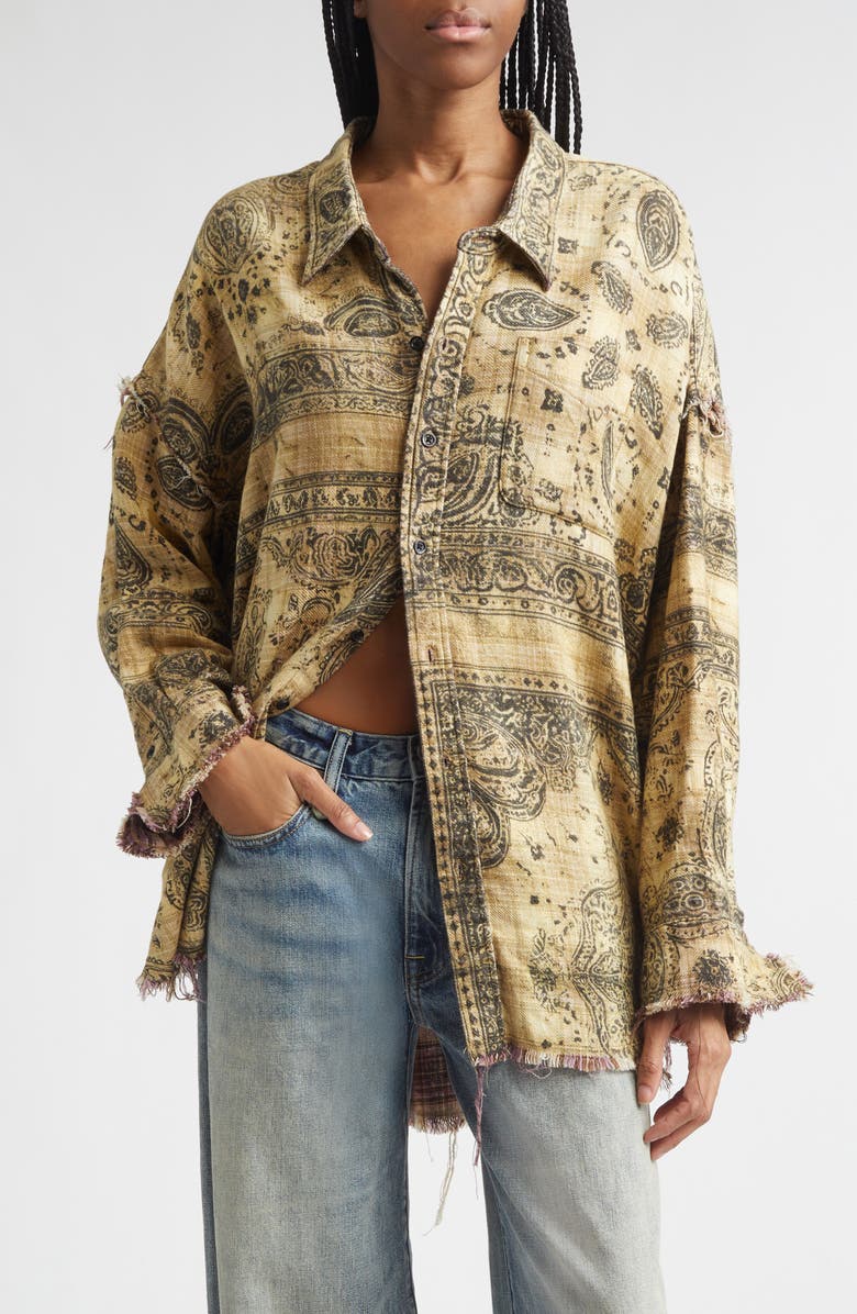 R13 Oversize Shredded Seam Drop Neck Button-Up Shirt, Alternate, color, Khaki Bandana Black Overprint