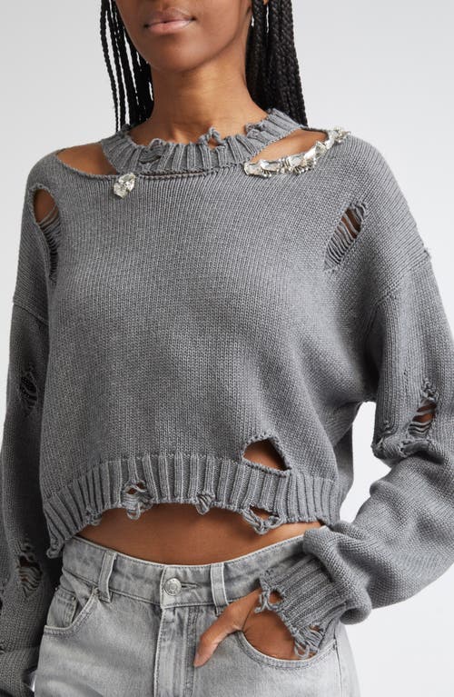Area Distressed Crystal Organic Cotton & Cashmere Crewneck Sweater In Gray