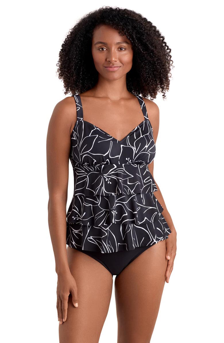 ShapeSolver Triple Tier V-Neck Tankini Swimsuit Top, Main, color, Floraline