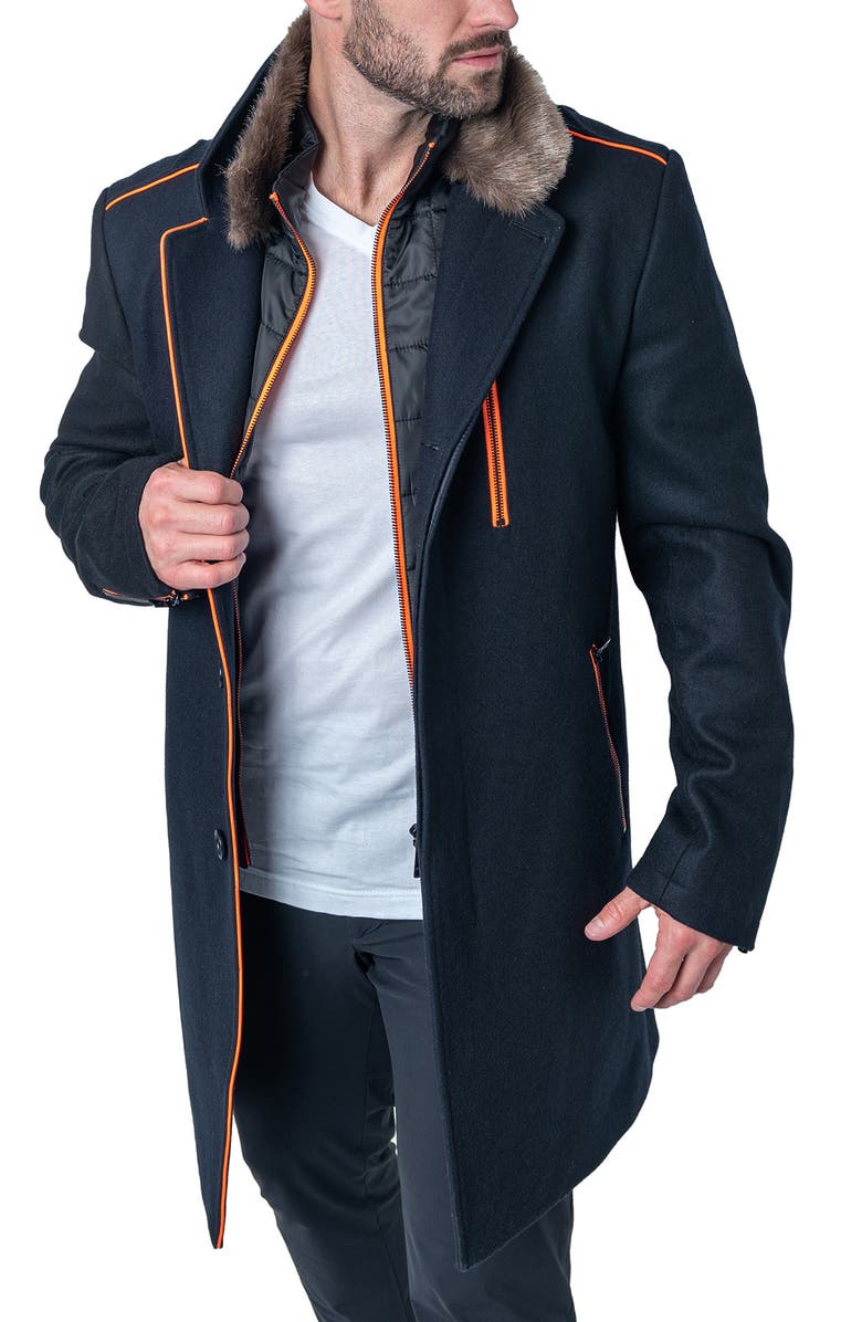 Maceoo Captainorange Faux Fur Trim Wool Peacoat, Alternate, color, 