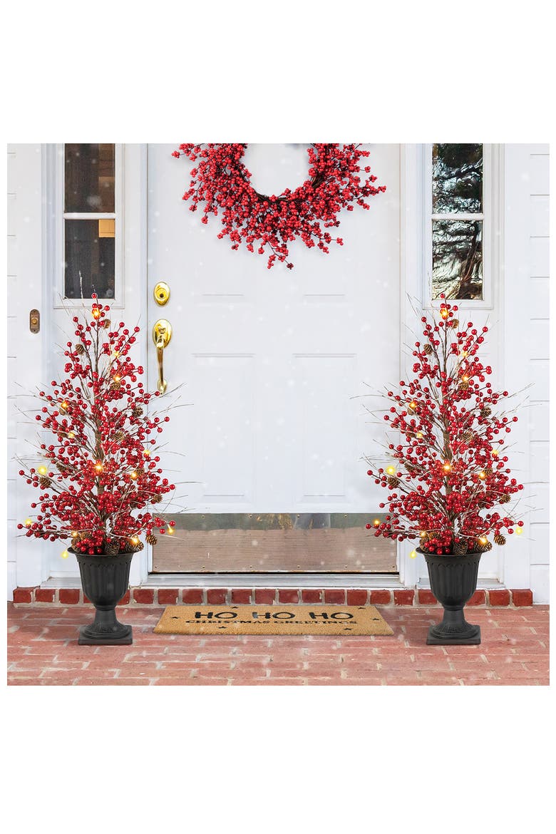 3FT Christmas Lighted Berry and Pine Cone Urn Porch Tree with Timer, Alternate, color, Red