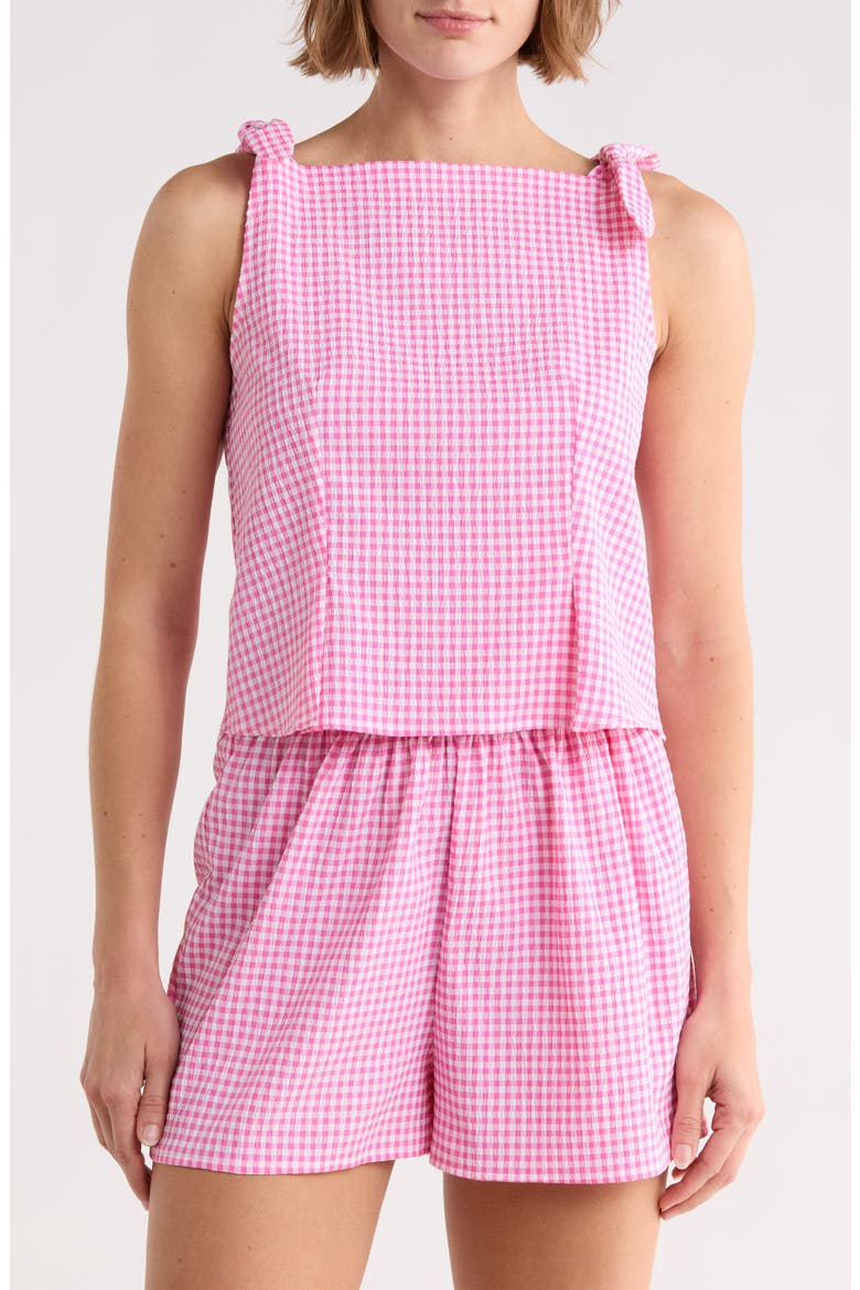 Gingham Tie Shoulder Tank, Main, color, PINK