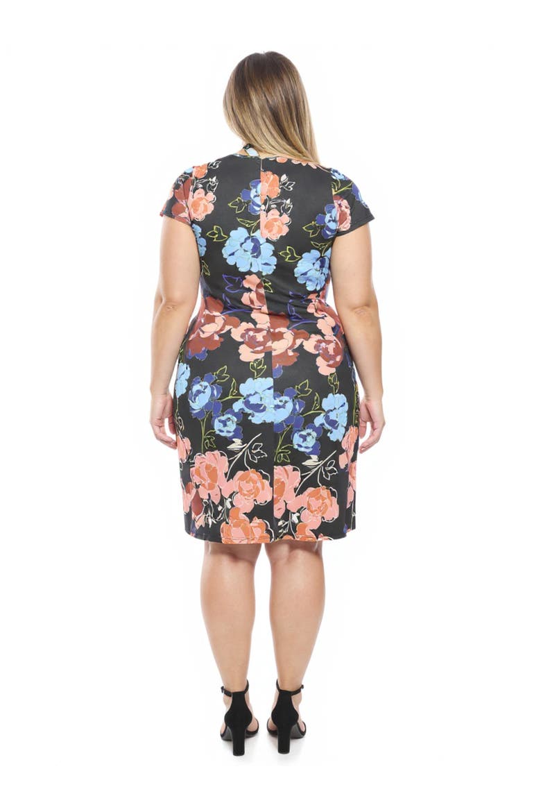 Plus Size Floral V-Neck Short Sleeve Knee Length Faux Wrap Dress, Alternate, color, Black Multi
