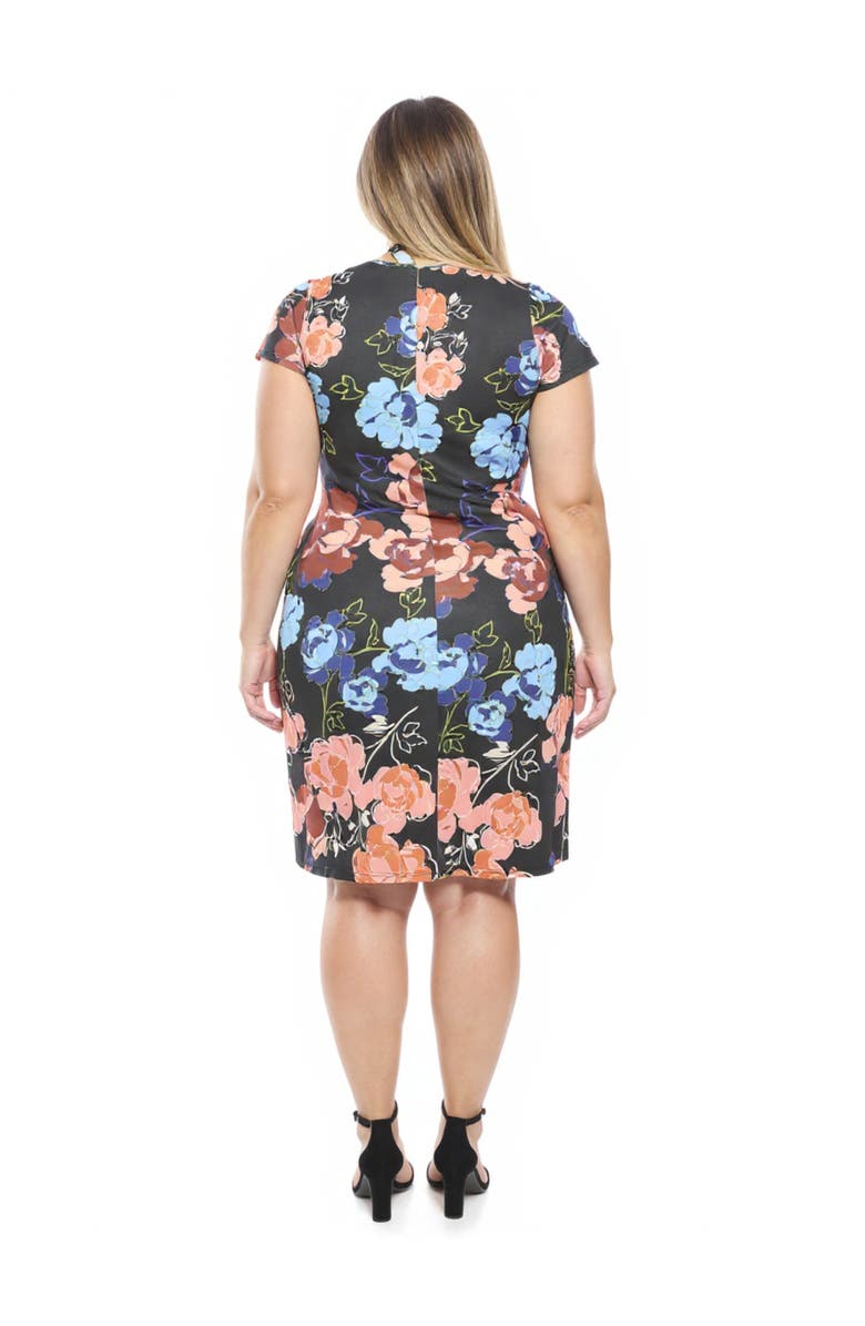 24seven Comfort Apparel Plus Size Floral V-Neck Short Sleeve Knee Length Faux Wrap Dress, Alternate, color, Black Multi