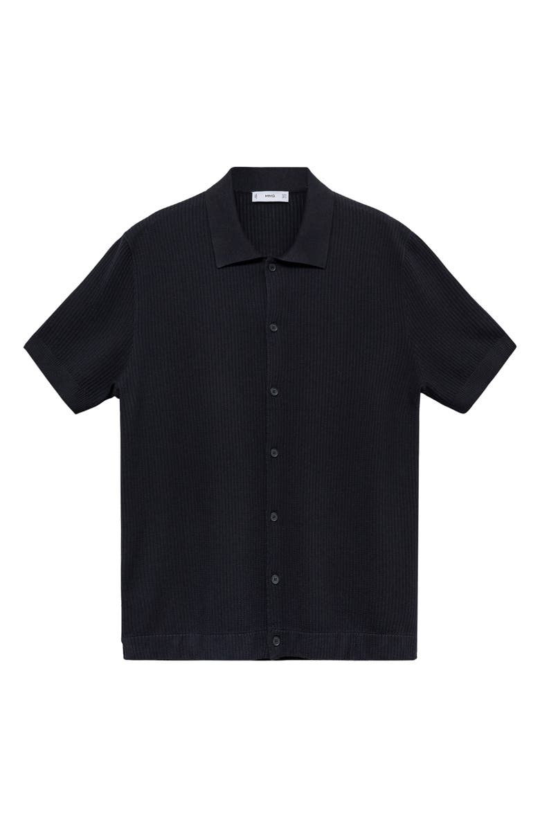 MANGO Short Sleeve Rib-Knit Button-Up Shirt, Alternate, color, Navy
