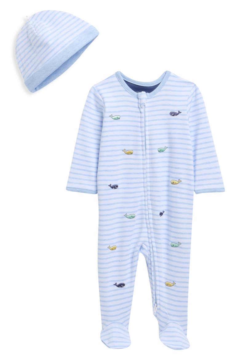 Whale Cotton Footie & Hat Set, Main, color, BLUE