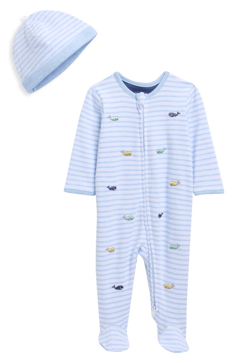 Little Me Whale Cotton Footie & Hat Set, Main, color, Blue