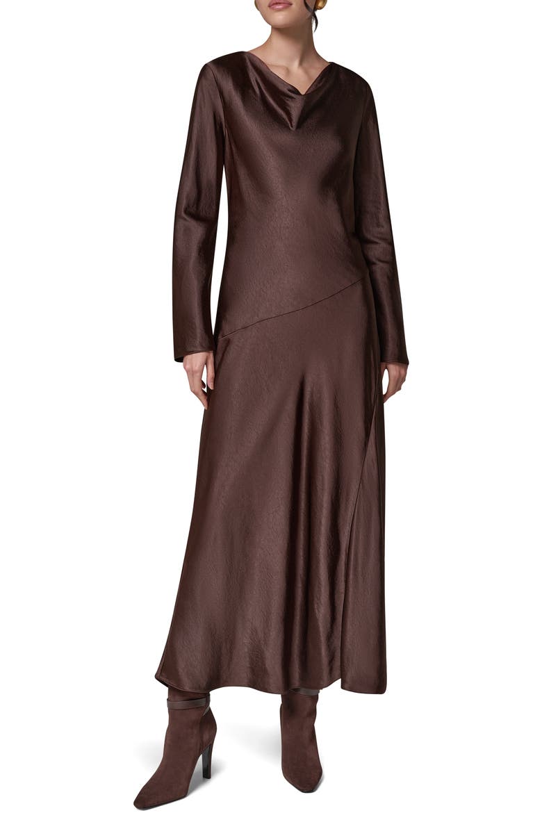 Long Sleeve Draped Neck Satin Dress, Main, color, ESPRESSO