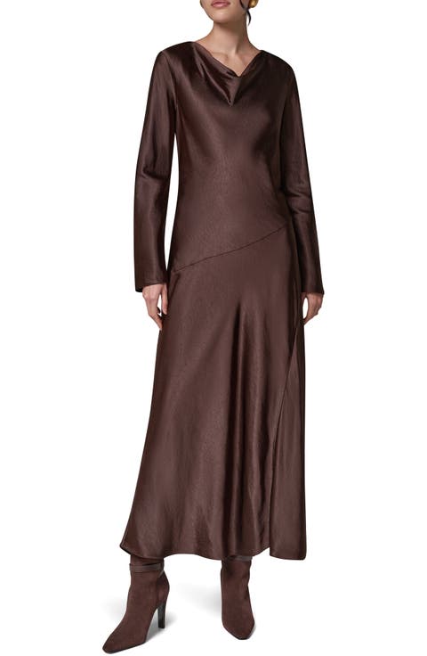 Long Sleeve Draped Neck Satin Dress