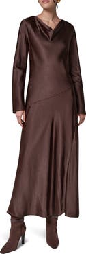 Donna Karan New York Long Sleeve Draped Neck Satin Dress