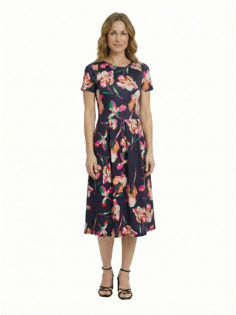 Essential Petite Floral Print Short Sleeve Boat Neck Fit N Flare Pocket Midi Dress