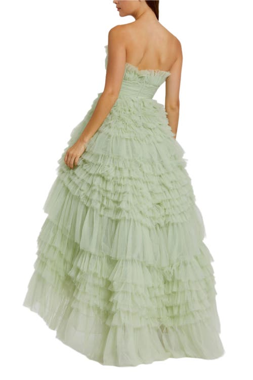 Mac Duggal Strapless Tulle Ruffle Gown In Sage