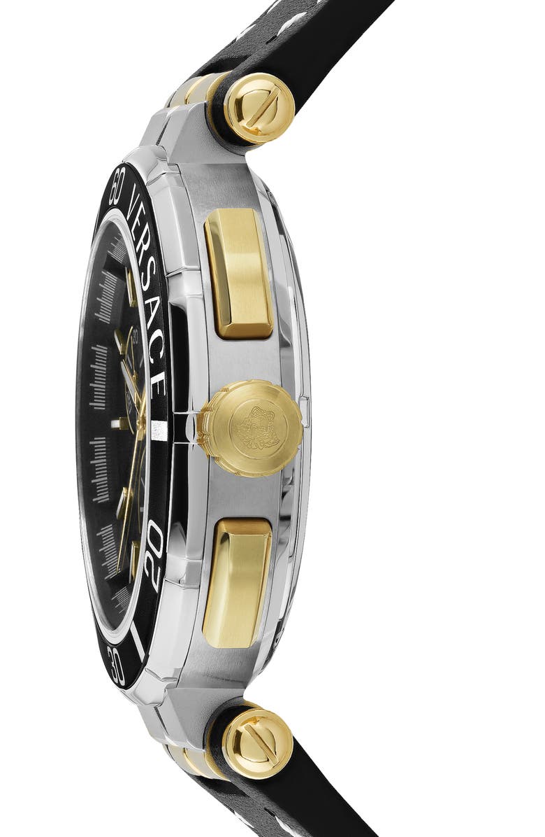 Versace Greca Chronograph Leather Strap Watch, 45mm, Alternate, color, Stainless Steel