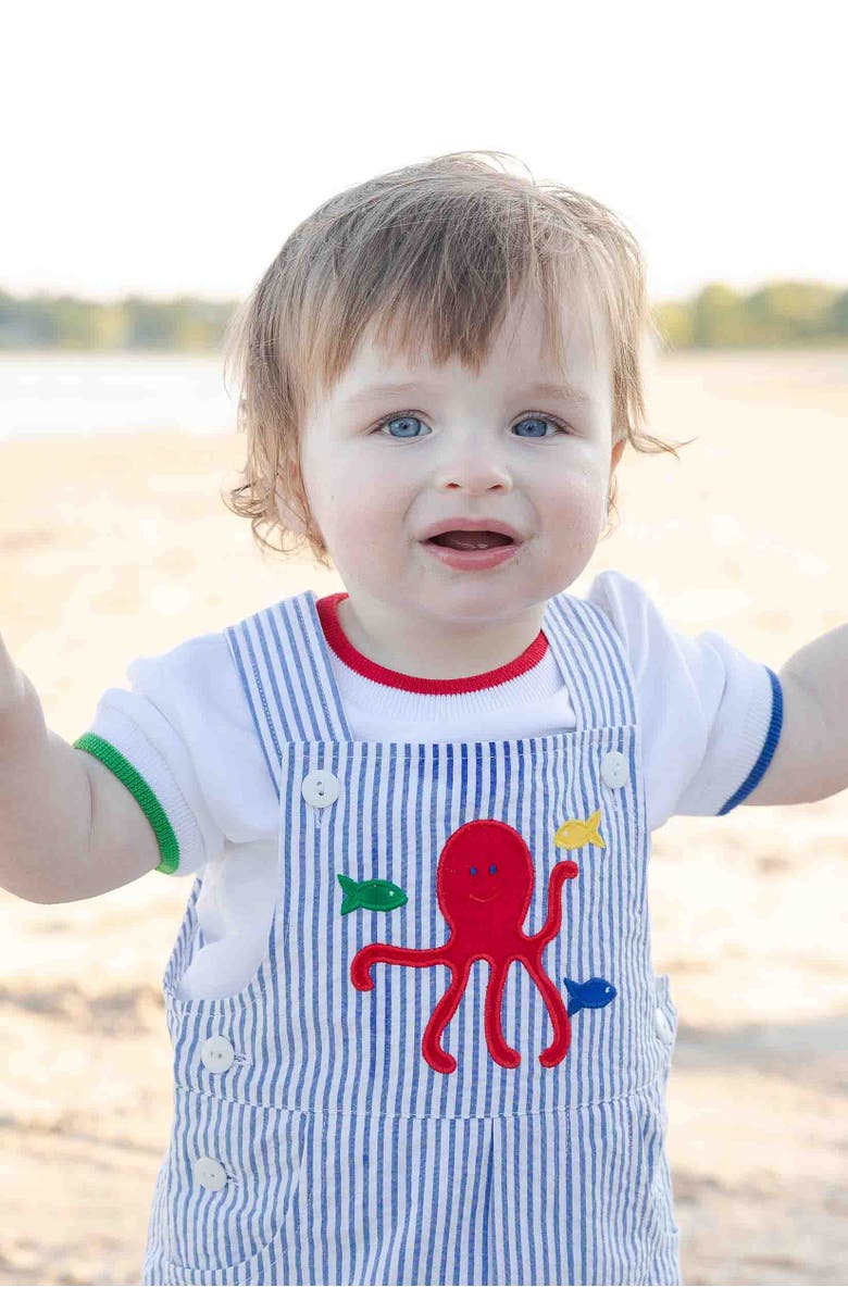 Florence Eiseman Stripe Seersucker Shortall With Octopus, Alternate, color, Royal/ White