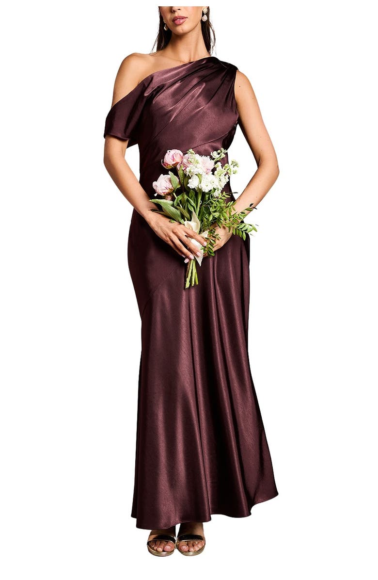 Coast Satin One Shoulder Fishtail Maxi Dress, Alternate, color, Espresso