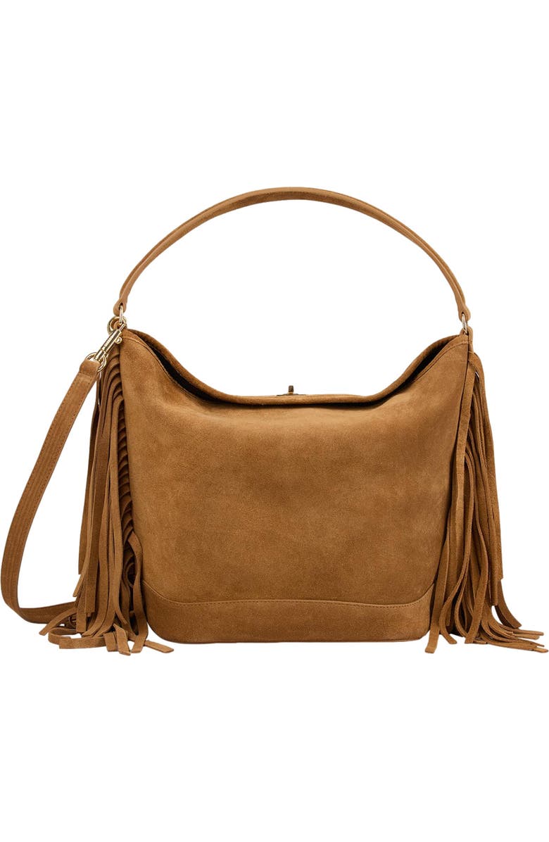 SANDRO TANGOSO fringed suede bucket bag, Alternate, color, Camel