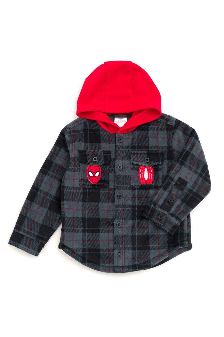Spider-Man Fleece Hooded Shirt Jacket, Main, color, Black Red Spider Man