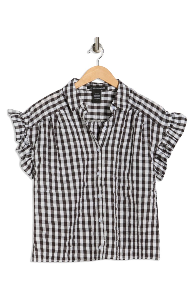 Forgotten Grace Gingham Short Sleeve Seersucker Button-Up Shirt, Main, color, Black/ White