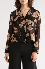 T Tahari Print Long Sleeve Crop Blouse