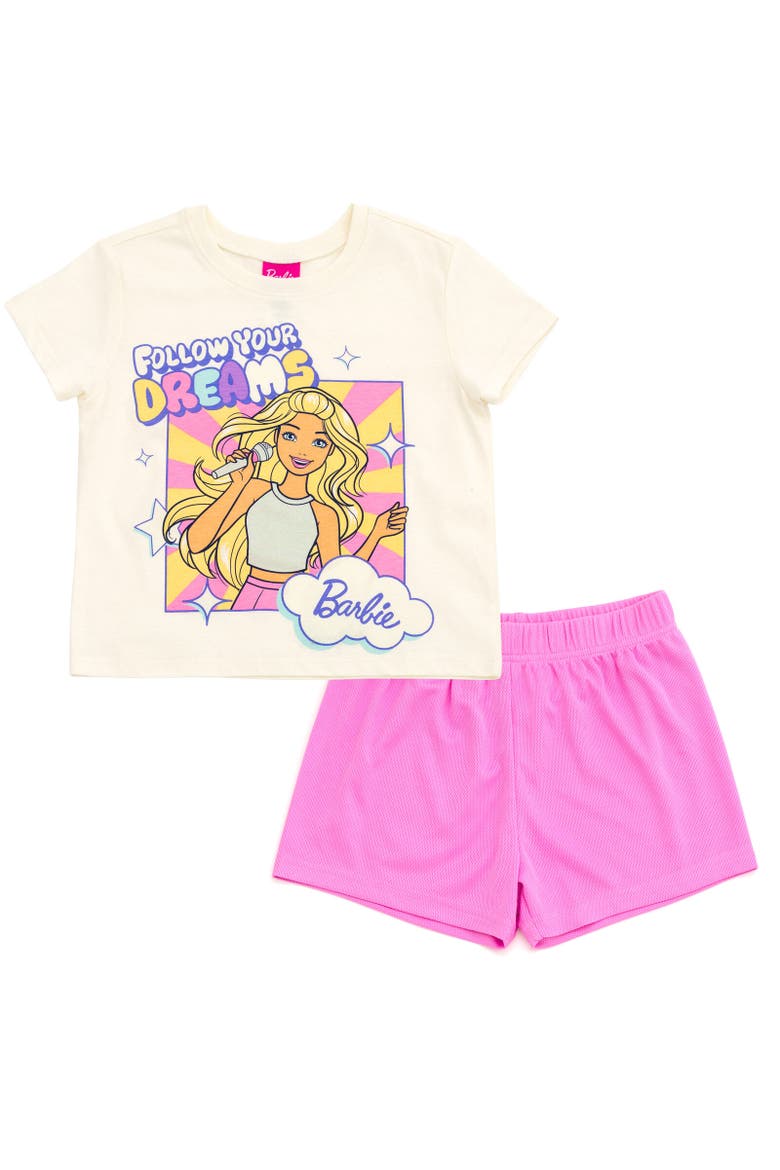 T-Shirt & Mesh Shorts Set, Main, color, White / Pink