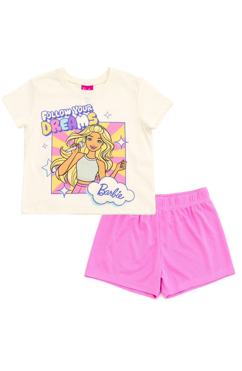 Barbie T-Shirt & Mesh Shorts Set, Main, color, White / Pink