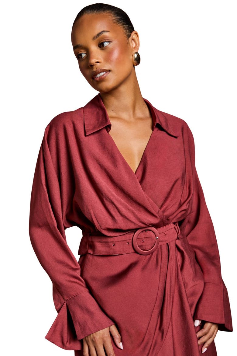 Petite Long Sleeve Belted Wrap Dress, Alternate, color, Burgundy