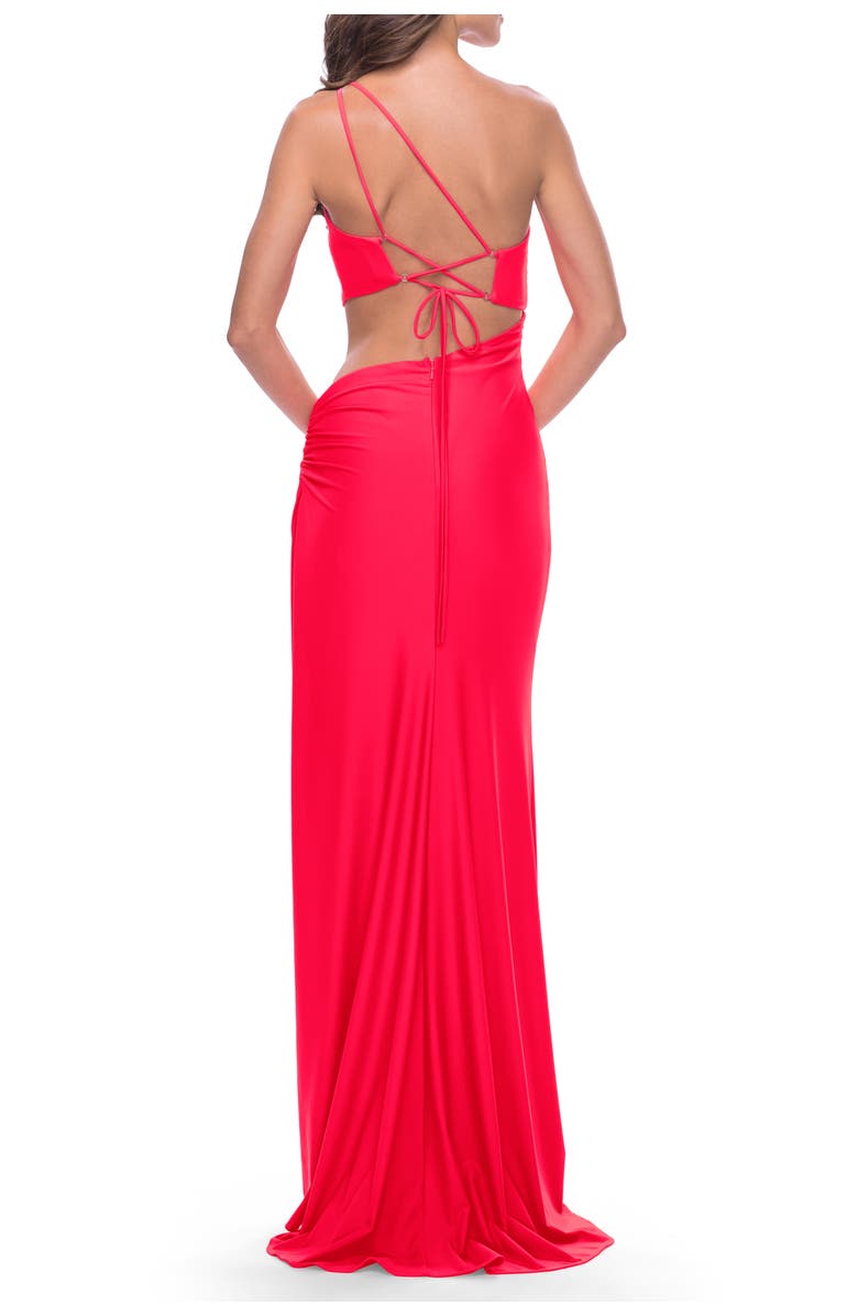 La Femme One Shoulder Dress with Side Cut Out and Unique Back in Bright Colors, Alternate, color, Hot Coral