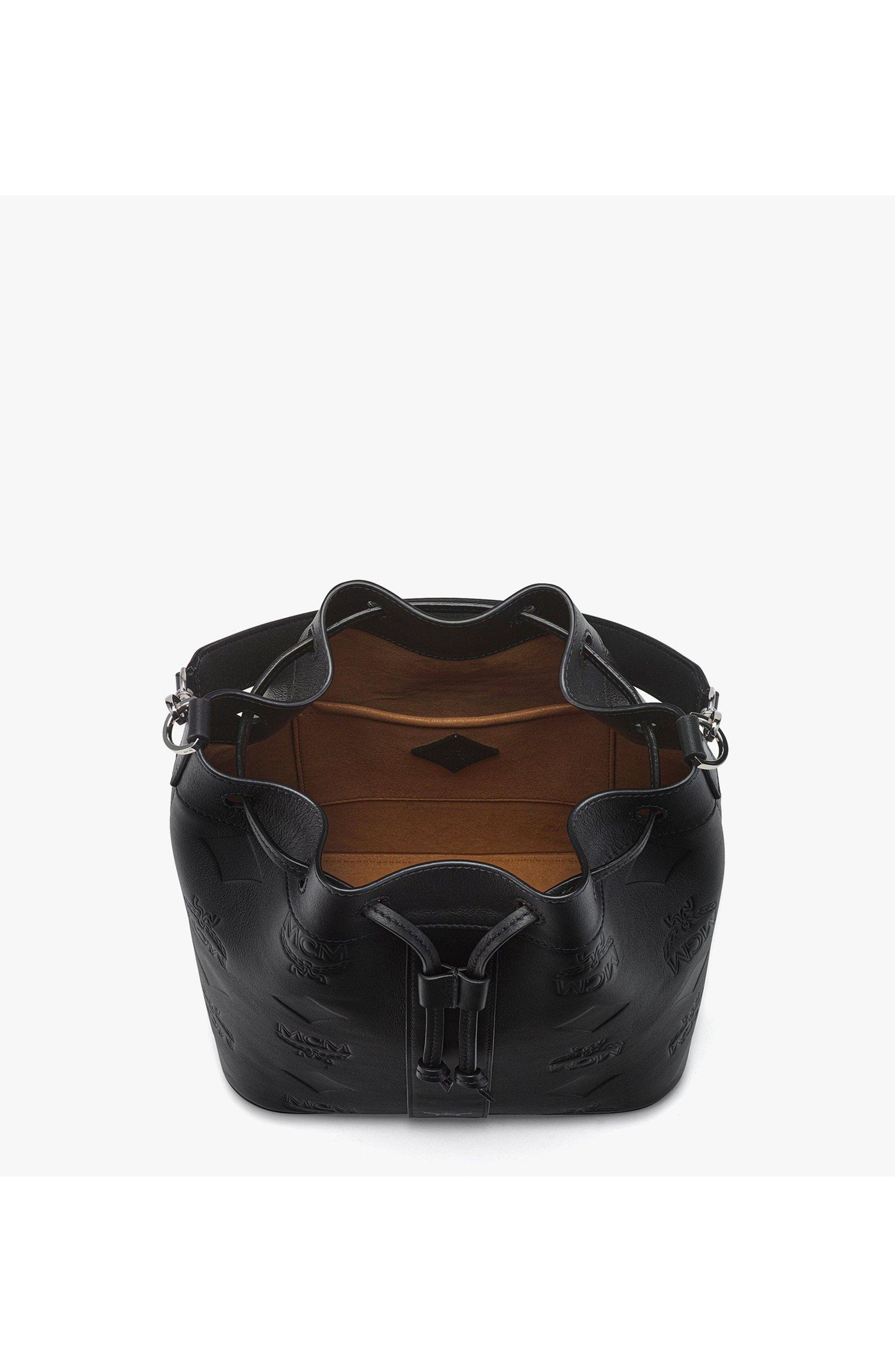 MCM Medium Dessau Drawstring Bag in Maxi Monogram Leather, Alternate, color, Black