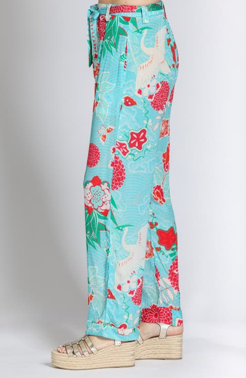 Apny Belted Print High Waist Pants In Turquoise Multi