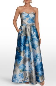 Donna Karan New York Floral Print Strapless Satin Gown