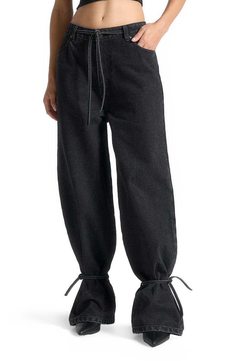 Manière De Voir Faye Wide Mid Rise Jeans with Tie Waist, Alternate, color, Washed Black