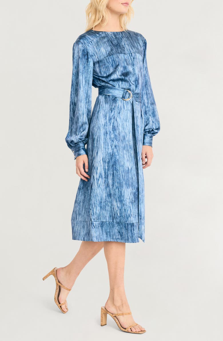 Luxely Abstract Print Long Sleeve Satin Midi Dress, Alternate, color, Vintage Indigo/ Navy