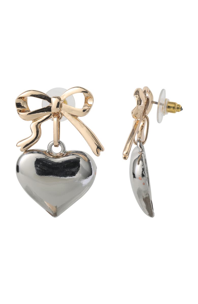 BCBG Generation Silver Heart Drop Earrings with Gold Bow Accent, Alternate, color, Silver