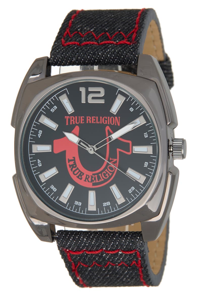 Quartz Denim Strap Watch, 43mm, Main, color, BLACK