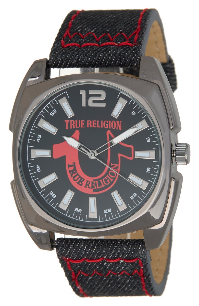 True Religion Quartz Denim Strap Watch, 43mm, Main, color, Black
