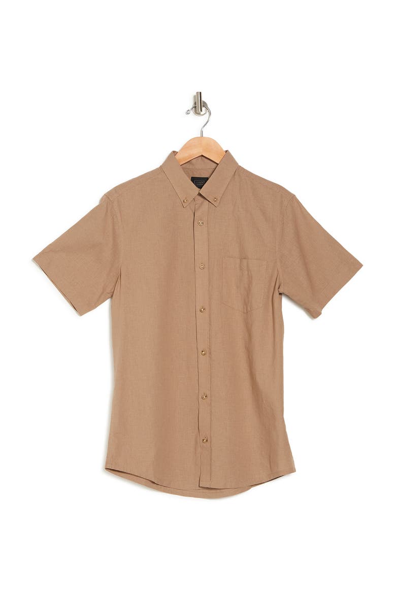 Short Sleeve Woven Trim Fit Linen Blend Shirt, Alternate, color, TAN DESERT