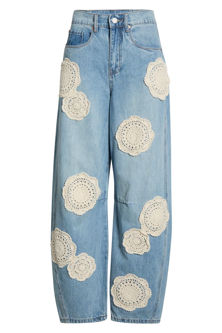 The Long Crochet Patch Barrel Leg Jeans, Alternate, color, SURF CAMP