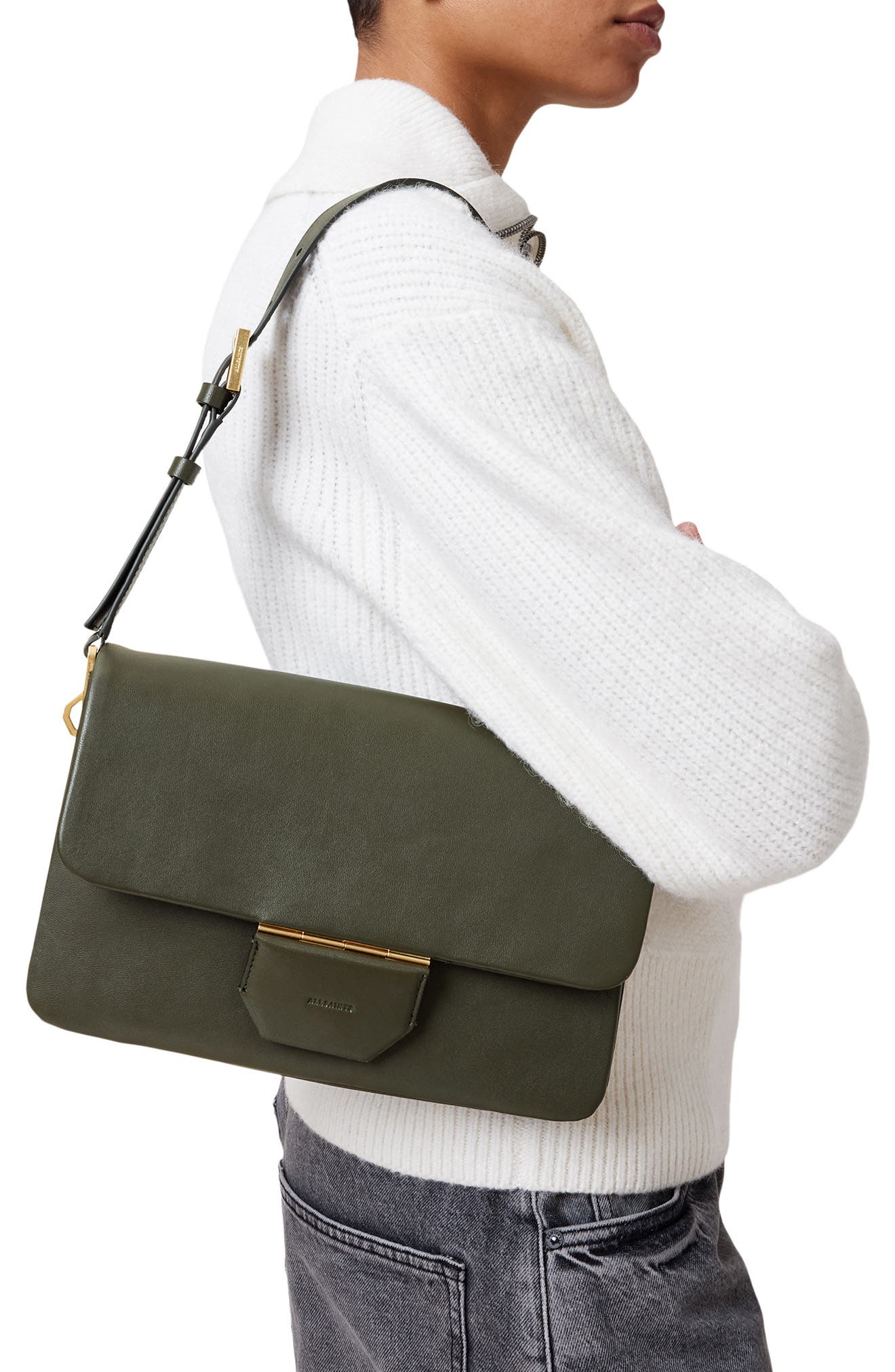 Ondine Leather Shoulder Bag, Alternate, color, MILITARY GREEN