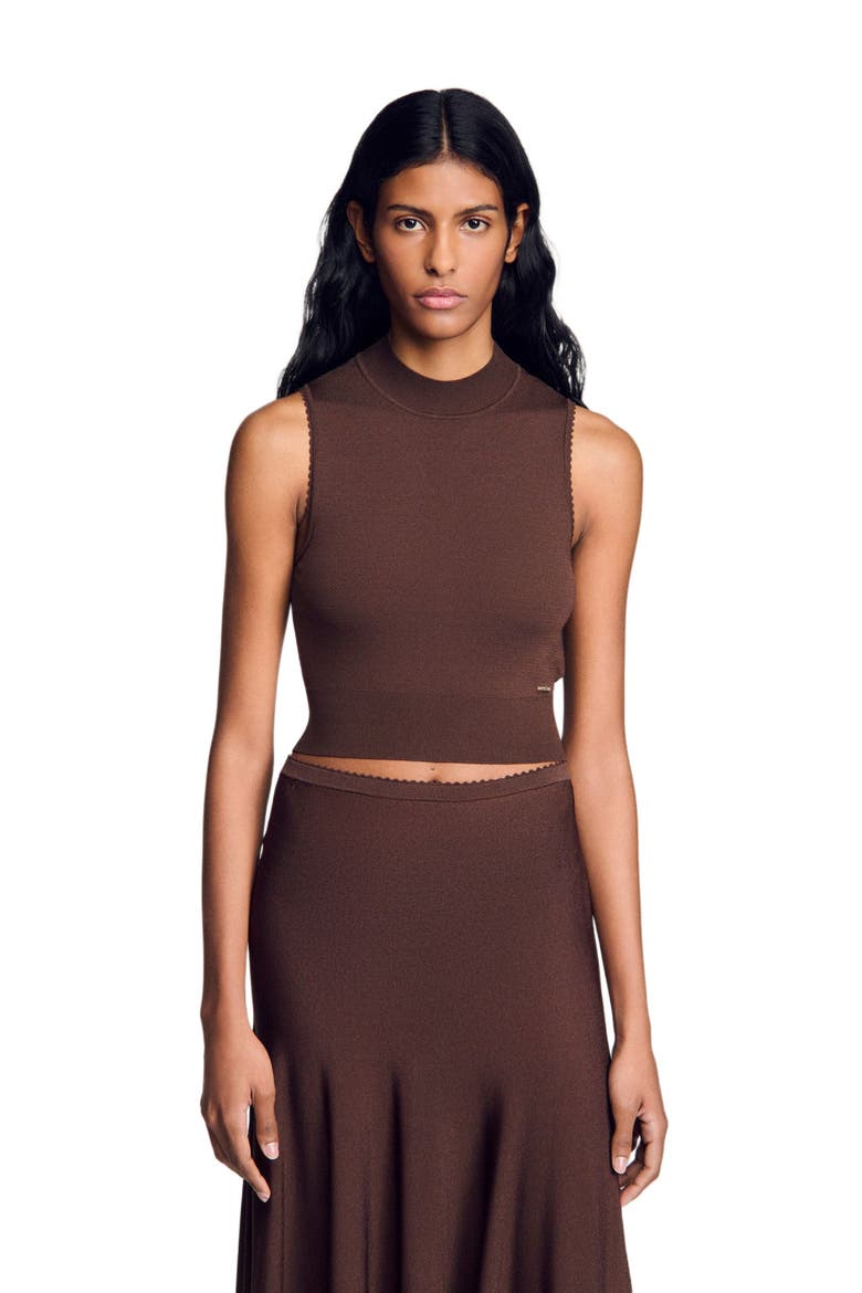Cropped sheer effect sweater, Main, color, Brown