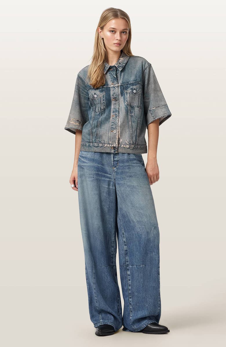 AllSaints Juni Distressed French Terry Denim Shirt, Alternate, color, Illusion Tint Blue