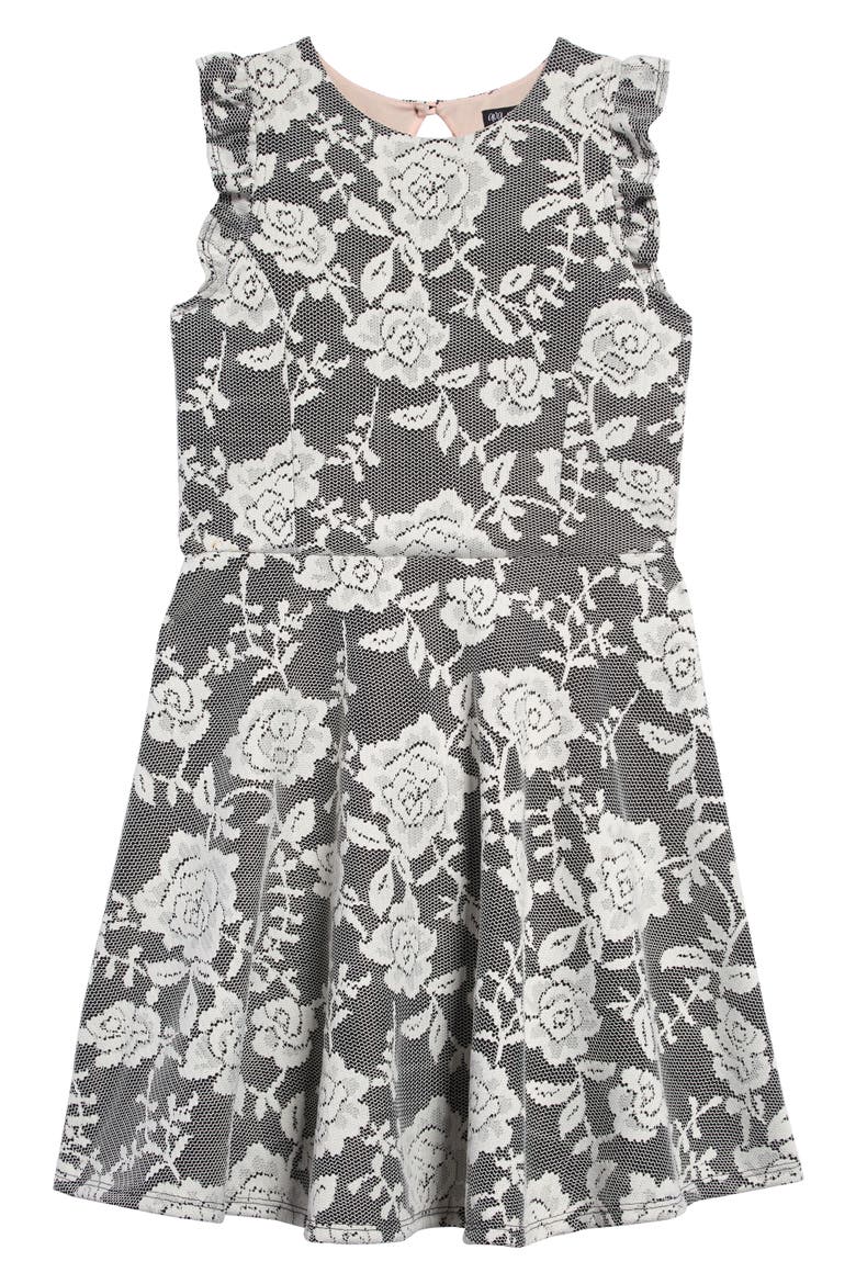 Bonded Lace Skater Dress, Main, color, BLACK IVORY