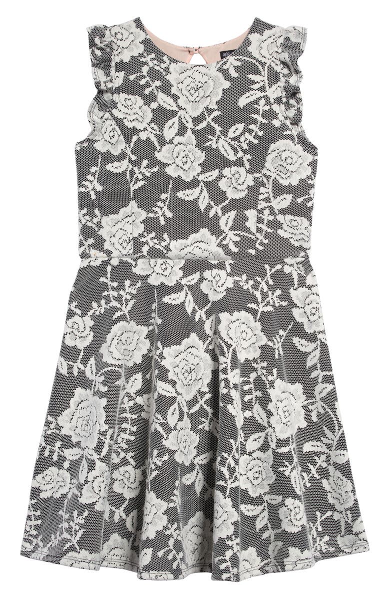 Ava & Yelly Bonded Lace Skater Dress, Main, color, Black Ivory