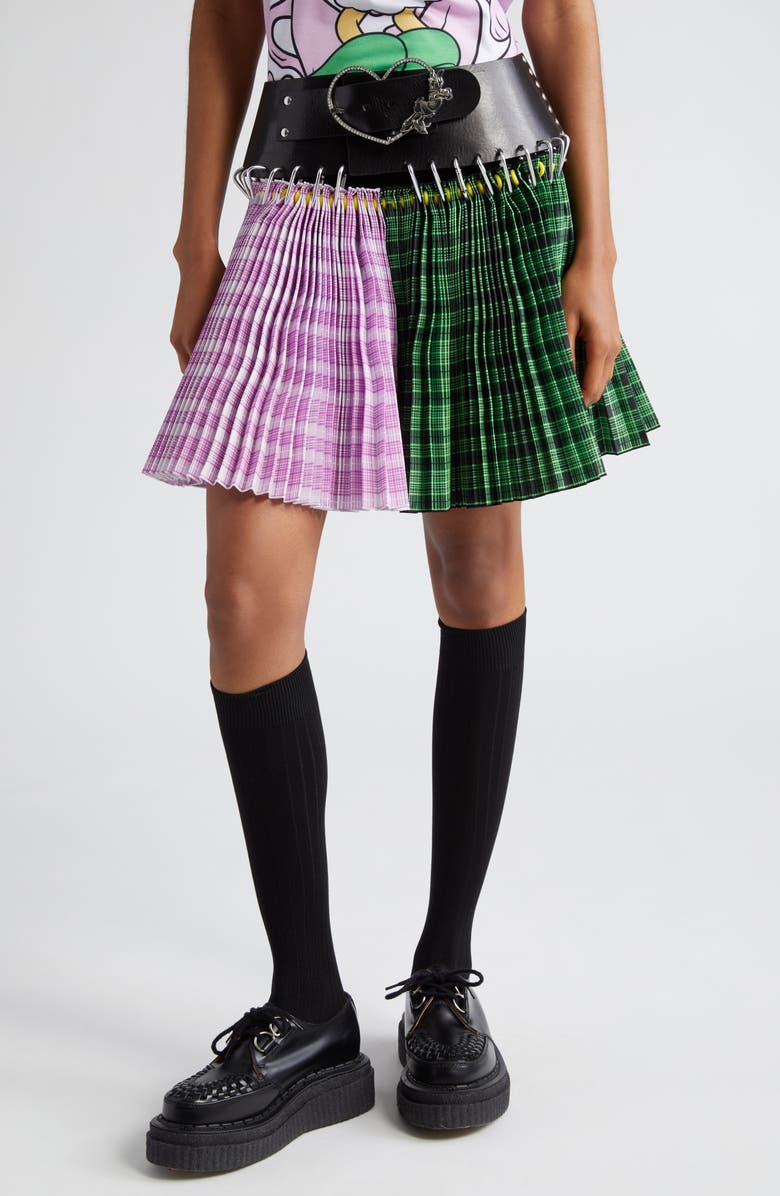 Chopova Lowena x Disney Daisy Duck Tartan Pleated Carabiner Belted Miniskirt, Main, color,
