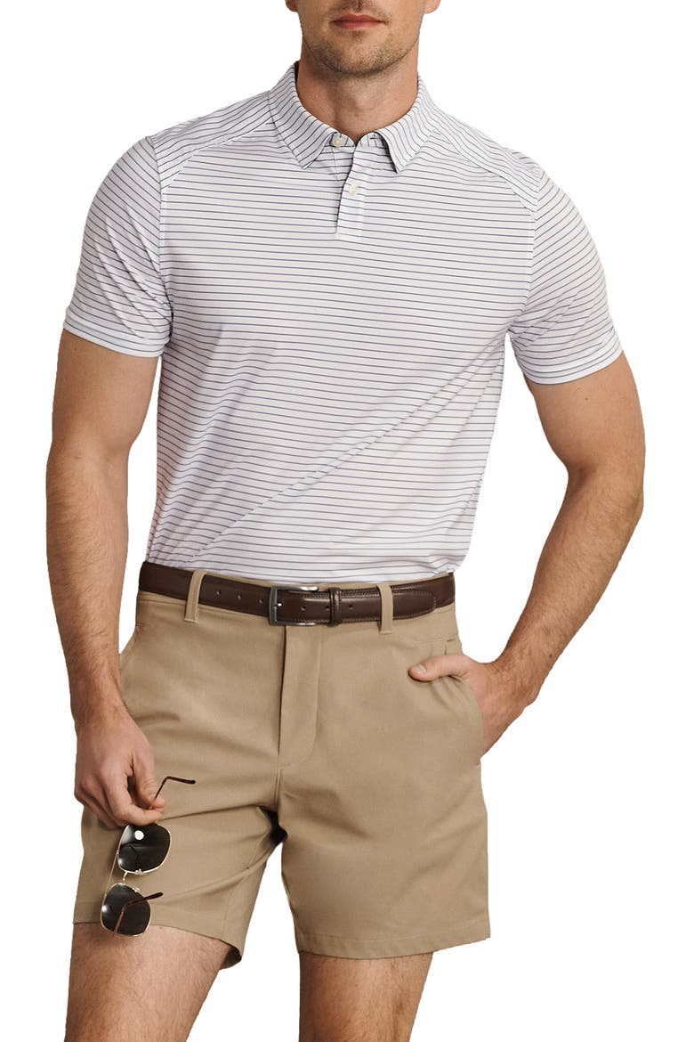 Commuter Stripe Slim Fit Performance Polo, Main, color, WHITE/ NAVY PINSTRIPE