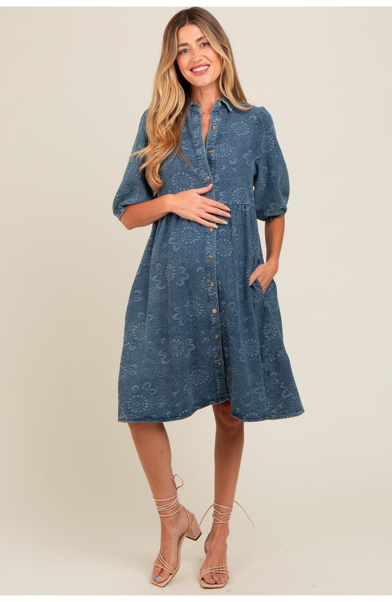 PinkBlush Denim Button Front Short Puff Sleeve Dress, Main, color, 