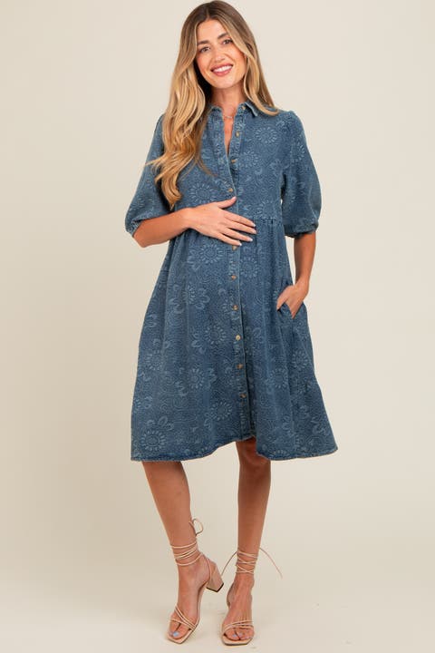 Denim Button Front Short Puff Sleeve Dress