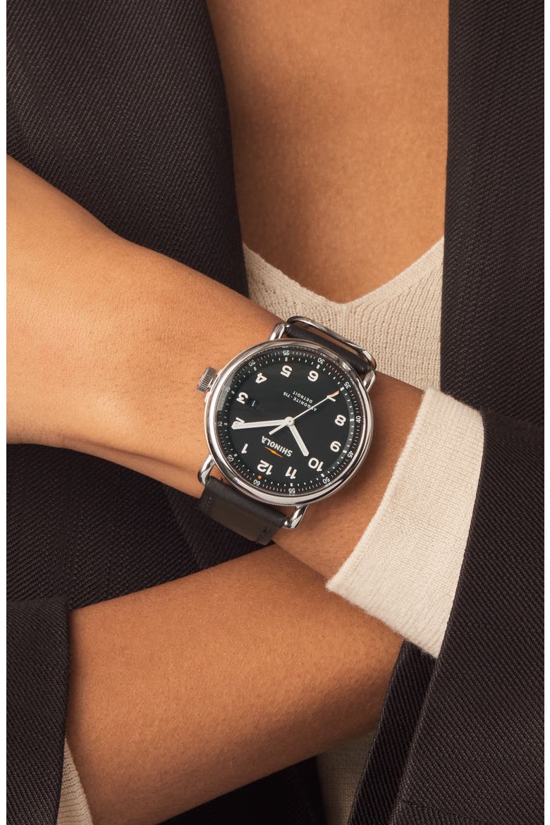 The Canfield Leather Strap Watch, 43mm, Alternate, color, BLACK/ SILVER
