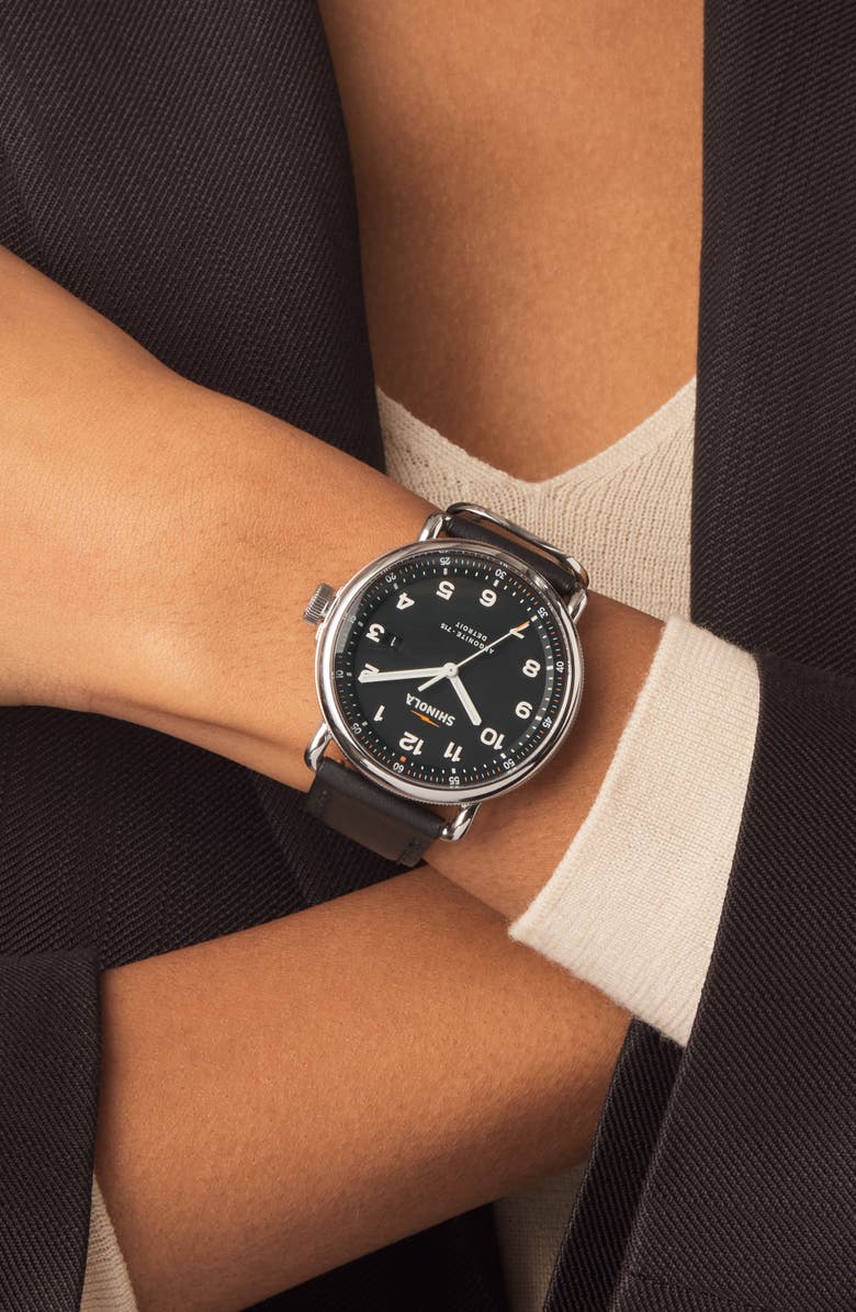 Shinola The Canfield Leather Strap Watch, 43mm, Alternate, color, Black/ Silver